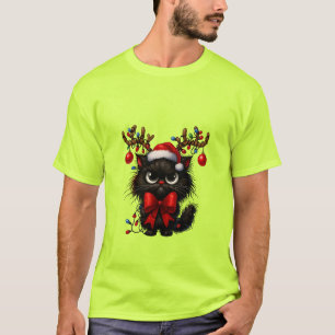 Grumpy Christmas Cat with Santa Hat and Antlers T-Shirt