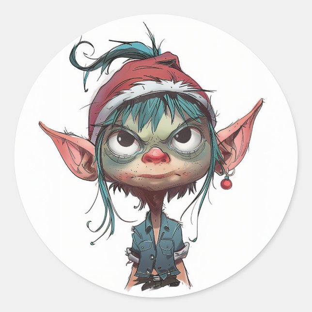 Grumpy Christmas Elf Attitude Classic Round Sticker (Front)
