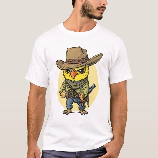  Grumpy Cute Parrotlet Dressed as a Cowboy, Funny  T-Shirt (Front)