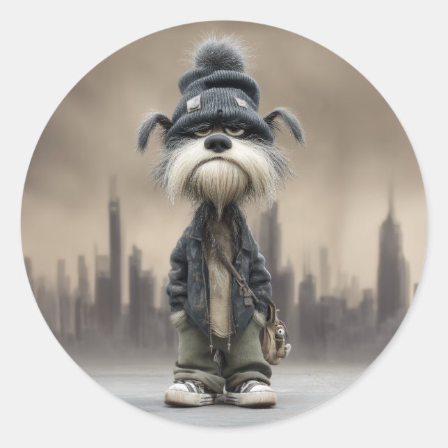 Grumpy Dog in Streetwear Classic Round Sticker (Front)