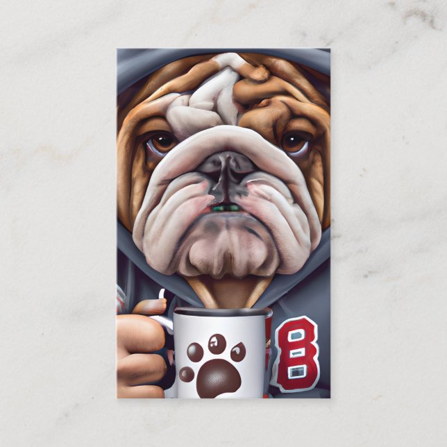 Grumpy English Bulldog in Hoody Holding Business Card (Front)