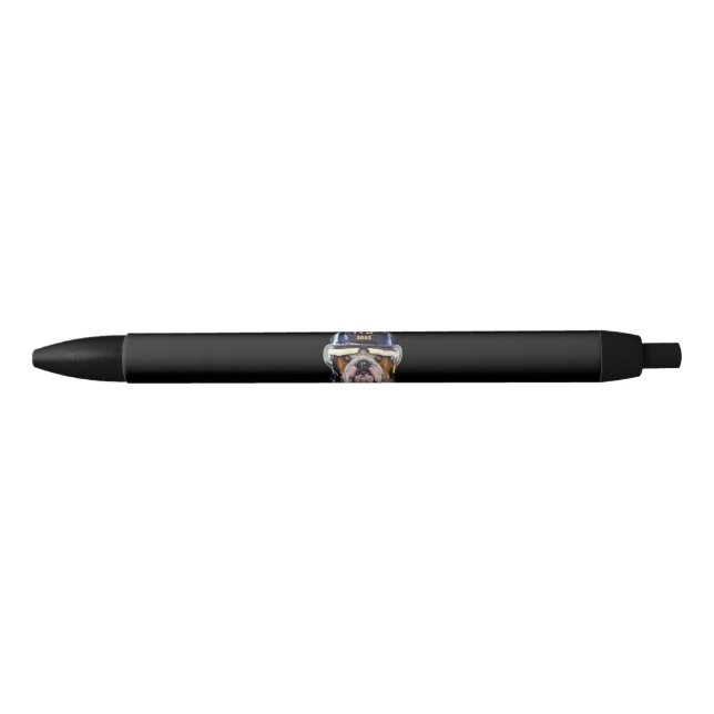 Grumpy English Bulldog Wearing Firefighter Helmet Black Ink Pen (Front)