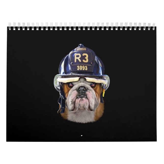 Grumpy English Bulldog Wearing Firefighter Helmet Calendar (Cover)