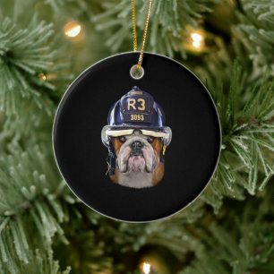 Grumpy English Bulldog Wearing Firefighter Helmet Ceramic Tree Decoration