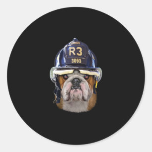 Grumpy English Bulldog Wearing Firefighter Helmet Classic Round Sticker