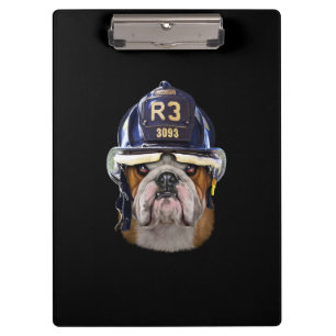 Grumpy English Bulldog Wearing Firefighter Helmet Clipboard