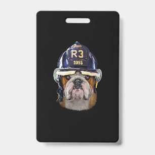 Grumpy English Bulldog Wearing Firefighter Helmet ID Badge