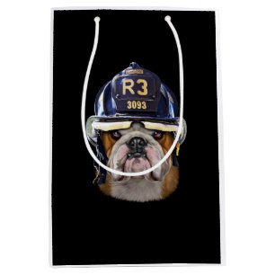 Grumpy English Bulldog Wearing Firefighter Helmet Medium Gift Bag