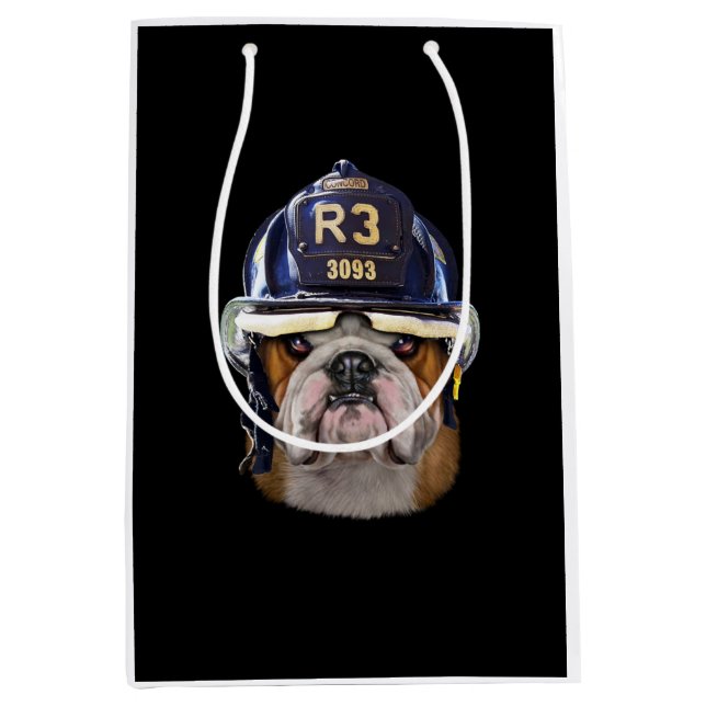 Grumpy English Bulldog Wearing Firefighter Helmet Medium Gift Bag (Front)
