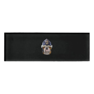 Grumpy English Bulldog Wearing Firefighter Helmet Name Tag