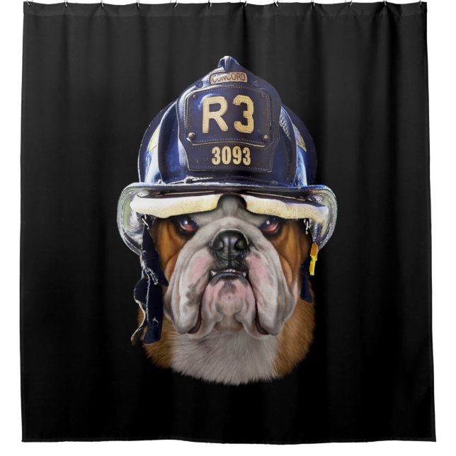 Grumpy English Bulldog Wearing Firefighter Helmet Shower Curtain (Front)
