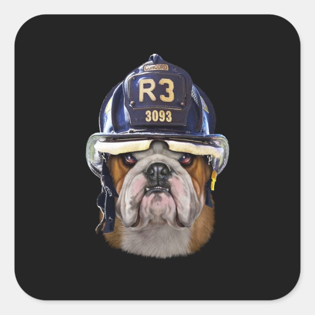 Grumpy English Bulldog Wearing Firefighter Helmet Square Sticker (Front)
