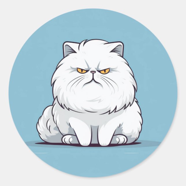 Grumpy Fat White Cat on a Blue Background Classic Round Sticker (Front)