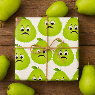 Grumpy Fuzzy Pear Face Funny Fruit Character Wrapping Paper