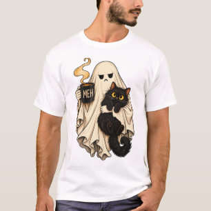 Grumpy Ghost & Cosy Black Cat Halloween Coffee T-S T-Shirt