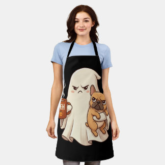 Grumpy Ghost French Bulldog Holding Coffee Spooky  Apron