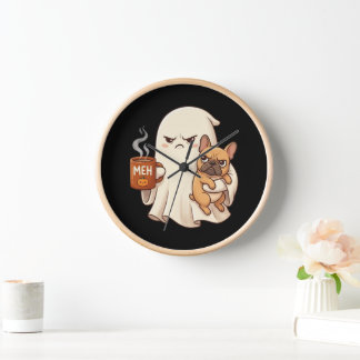 Grumpy Ghost French Bulldog Holding Coffee Spooky  Clock