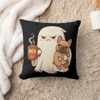 Grumpy Ghost French Bulldog Holding Coffee Spooky  Cushion