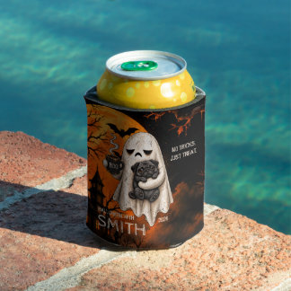 Grumpy Ghost Holding Black Pug Dog Meh Halloween Can Cooler
