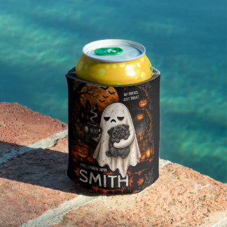 Grumpy Ghost Holding Black Pug Dog Meh Halloween Can Cooler