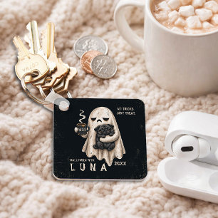 Grumpy Ghost Holding Black Pug Dog Meh Halloween Key Ring