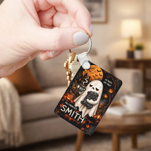 Grumpy Ghost Holding Black Pug Dog Meh Halloween Key Ring