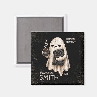 Grumpy Ghost Holding Black Pug Dog Meh Halloween Magnet
