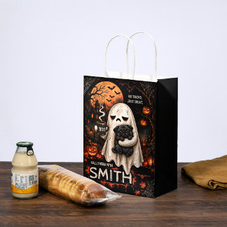 Grumpy Ghost Holding Black Pug Dog Meh Halloween Medium Gift Bag