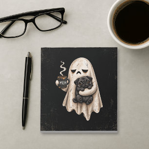 Grumpy Ghost Holding Black Pug Dog Meh Halloween Notepad