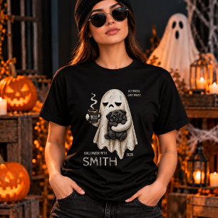 Grumpy Ghost Holding Black Pug Dog Meh Halloween T-Shirt