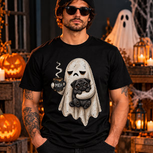 Grumpy Ghost Holding Black Pug Dog Meh Halloween T-Shirt