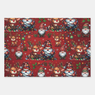 Grumpy Gnomes & Reindeer Tangled Wrapping Paper Sheet