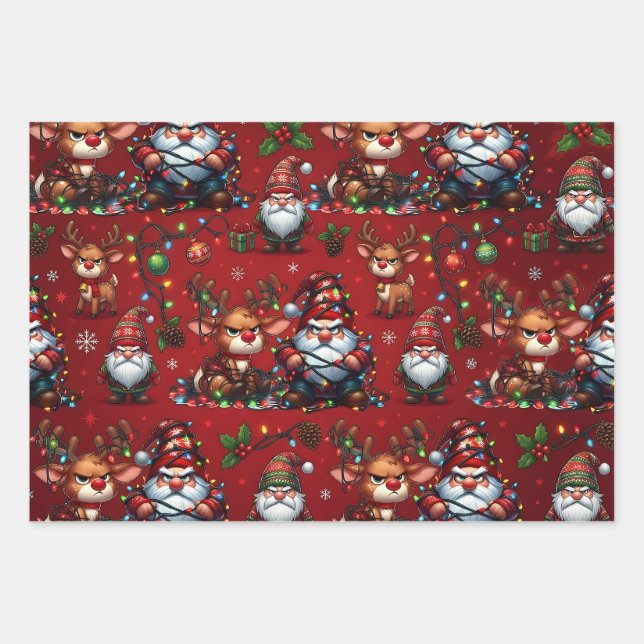 Grumpy Gnomes & Reindeer Tangled Wrapping Paper Sheet (Front)