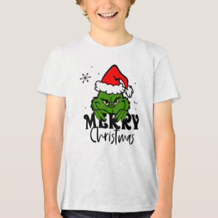 Grumpy Green Christmas Character in Santa Hat Tri-Blend Shirt