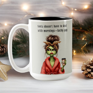Grumpy Green Furry Women Loves Coffee Two-Tone Coffee Mug