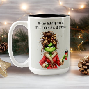 Grumpy Green Furry Women Loves Coffee Two-Tone Coffee Mug