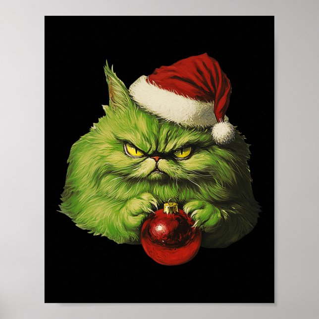 Grumpy Green Santa Cat Retro Cat Christmas Holiday Poster (Front)