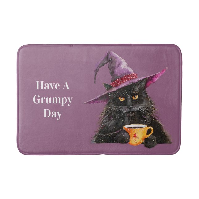 Grumpy Halloween Black Cat in a Hat Bath Mat (Front)