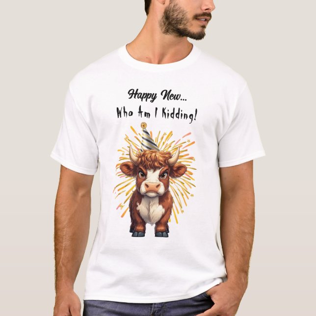 Grumpy Highland Cow New Year’s Mood T-Shirt (Front)