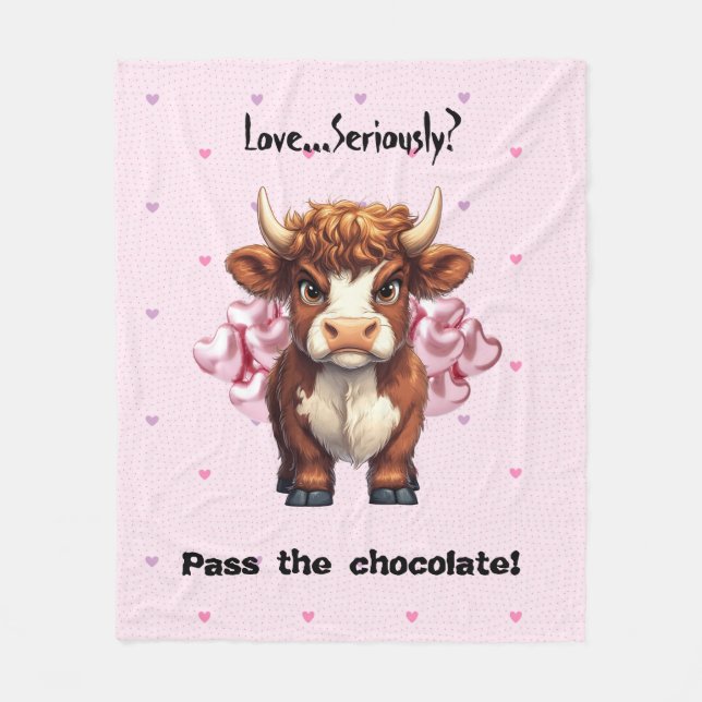 Grumpy Highland Cow Valentine’s Day Fleece Blanket (Front)