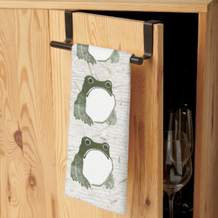 Grumpy Japanese Frog Toad 19th Century Tea Towel