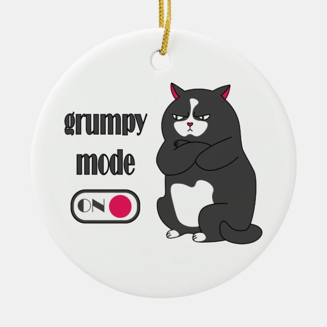 Grumpy mode on funny fat cat  ceramic tree decoration (Front)
