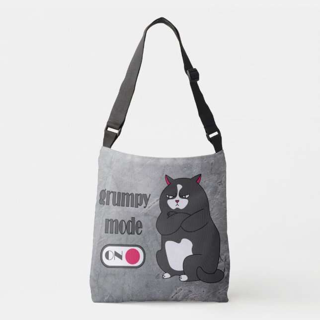 Grumpy mode on funny fat cat crossbody bag (Front)