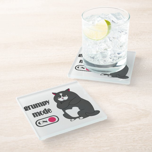 Grumpy mode on funny fat cat  glass coaster (Angled)