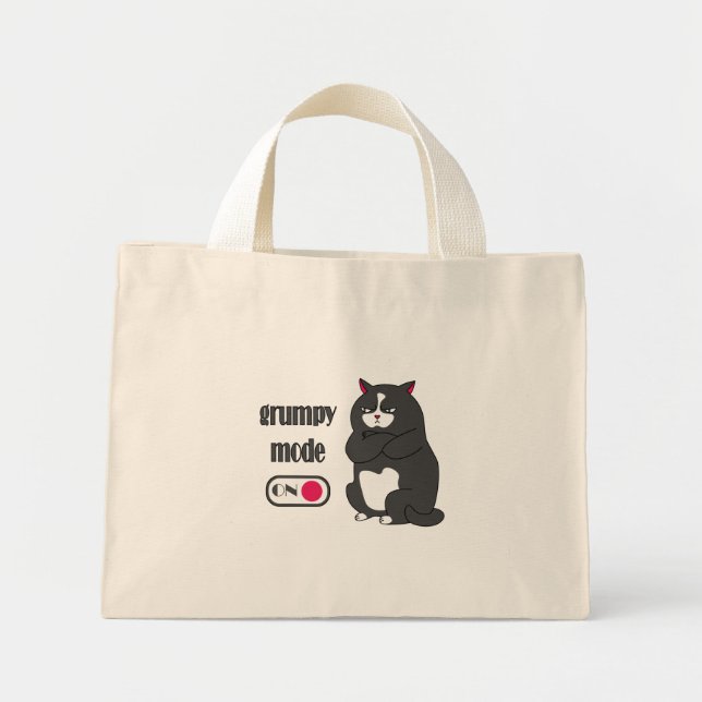 Grumpy mode on funny fat cat mini tote bag (Front)