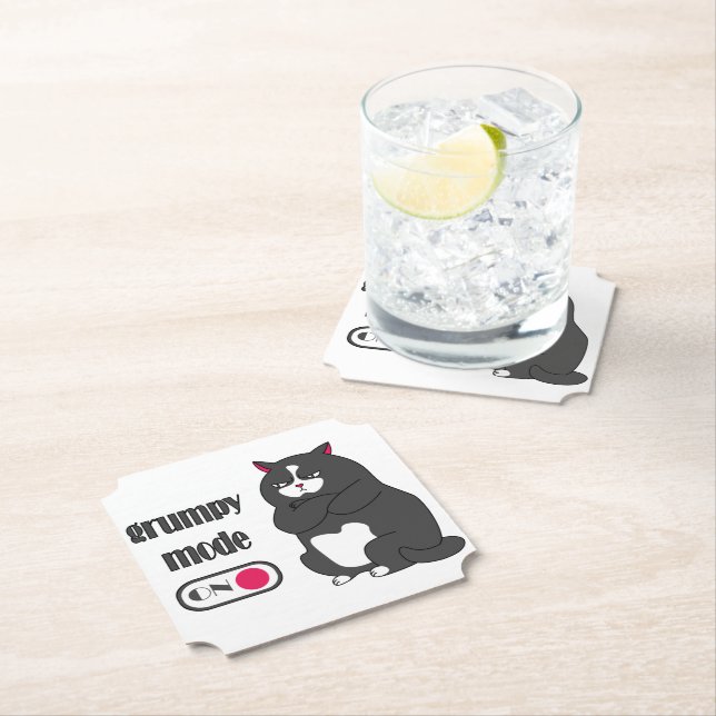 Grumpy mode on funny fat cat paper coaster (Insitu)