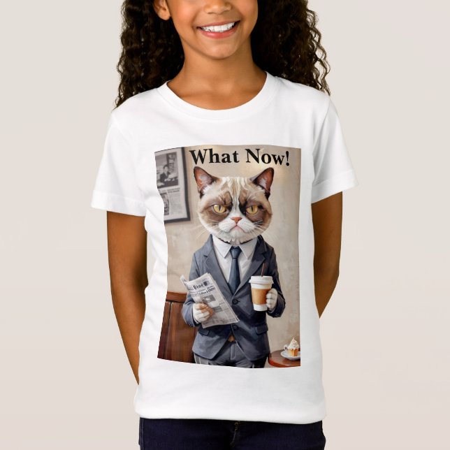 Grumpy Office Cat What Now T-Shirt (Front)