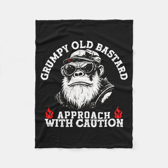 Grumpy old approach with caution monkey on back  fleece blanket (Front)