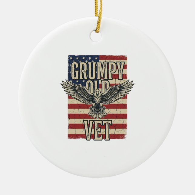 Grumpy Old Vet Patriotic Eagle Flag Shirt Design Ceramic Tree Decoration (Front)
