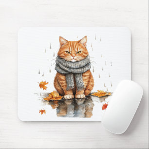 Grumpy Orange Cat in Rain Mouse Mat